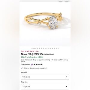 Engagement ring oval moissanite 14K gold leaf SIZE: 3 3/4 US 💛